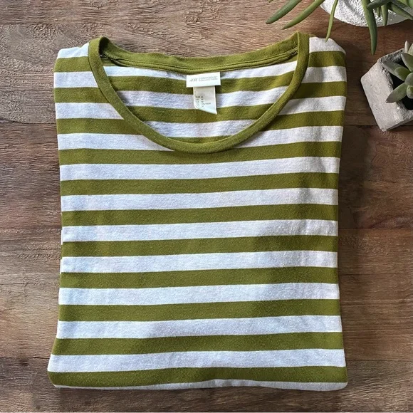 H&M Olive Green & White Striped Short Sleeve Tee Shirt - Picture 1 of 9
